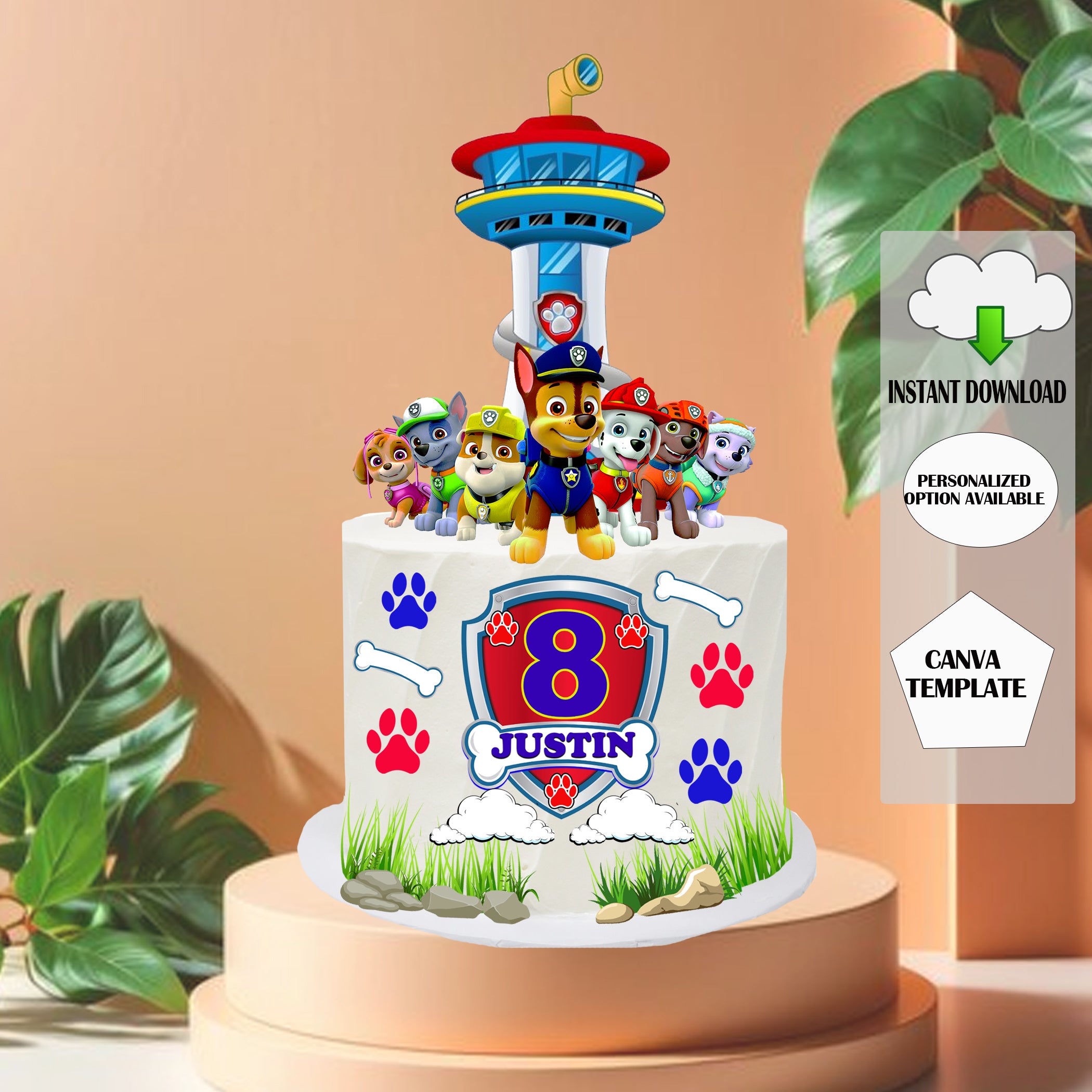 Paw Patrol Cake Topper, Editable Birthday Party Decoration (Instant Download)