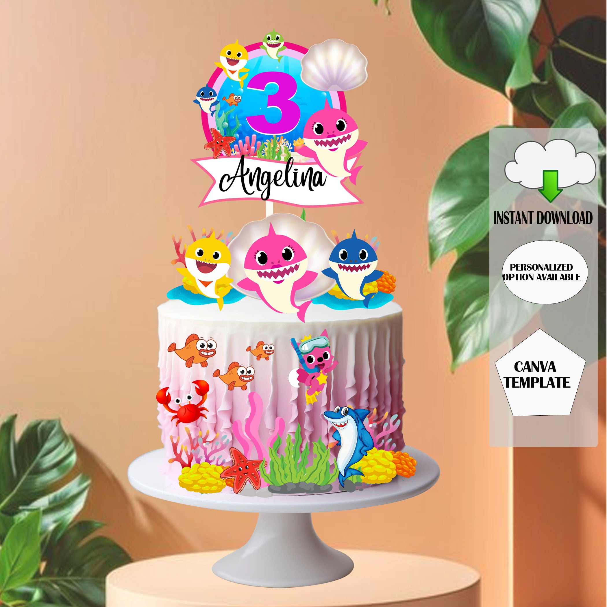 Shark Cake Topper, Editable Birthday Party Decoration (Instant Download)