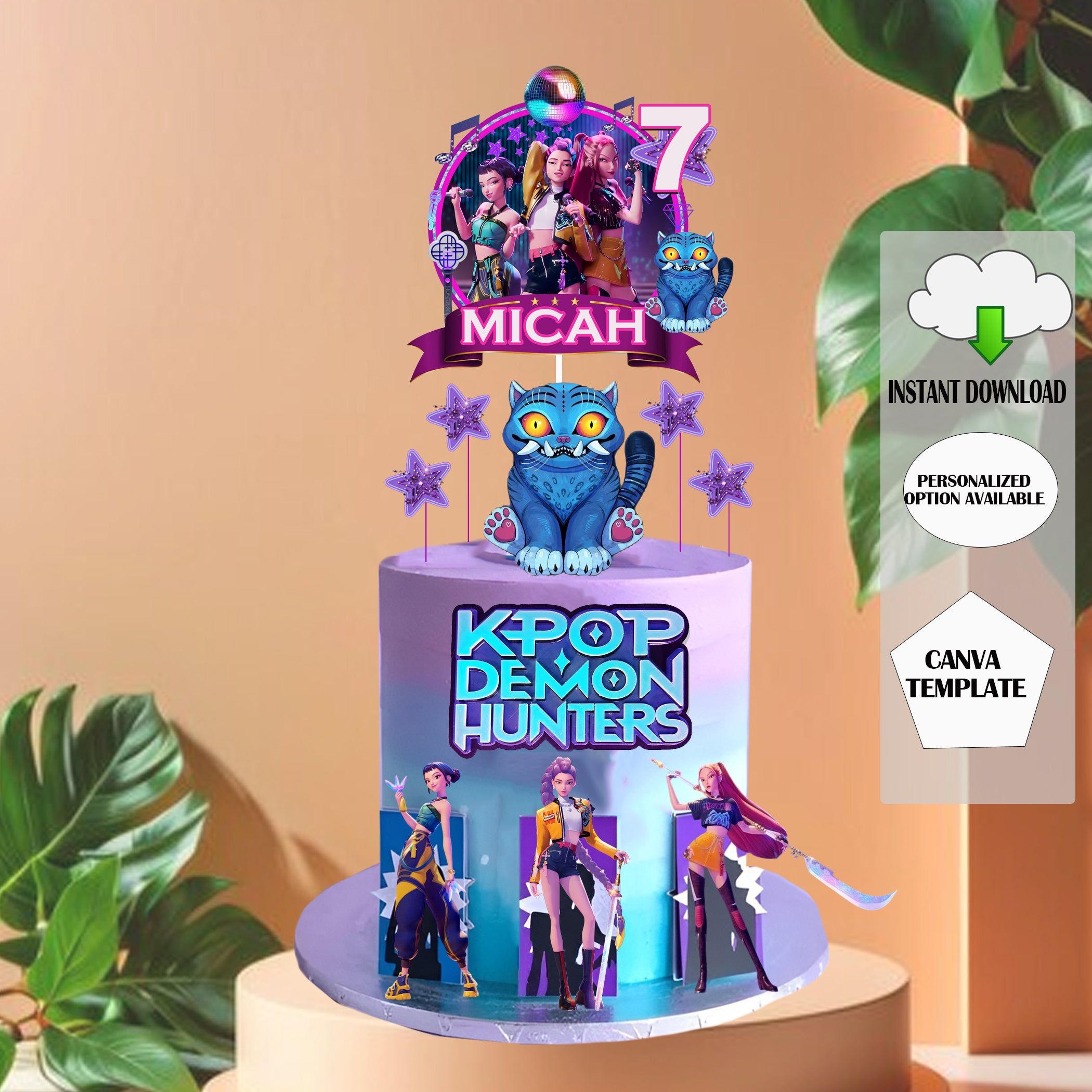 Editable K-Pop Demon Cake Topper, Custom Name & Age, Dark Idol Birthday Party Decor