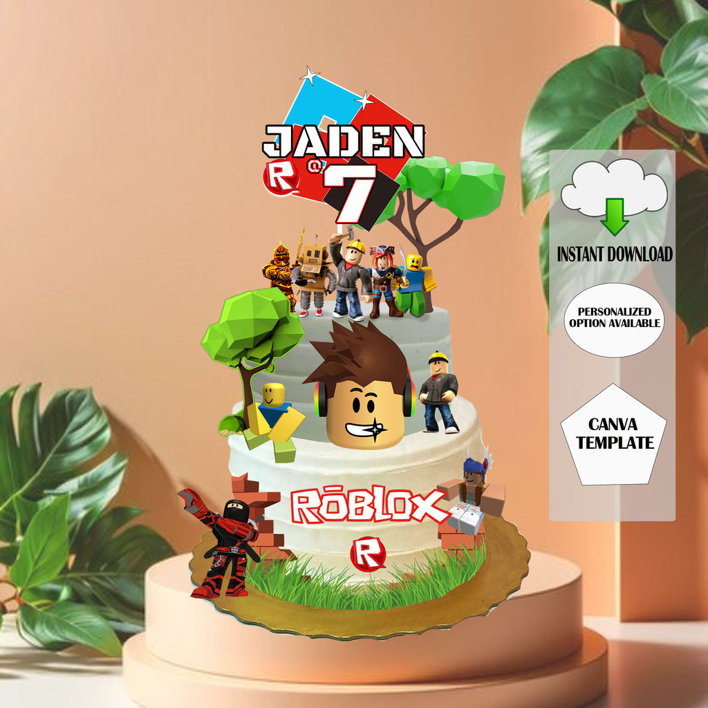 Gaming Cake Topper Editable Template | Roblox Inspired + Free Cupcake Toppers | Canva Instant Download