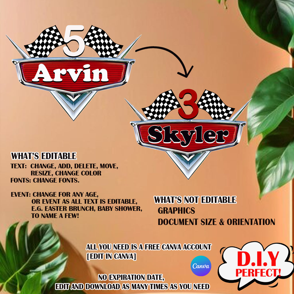 Personalized Racing Theme Cake Topper | Editable Canva Template | Fast Cars Birthday