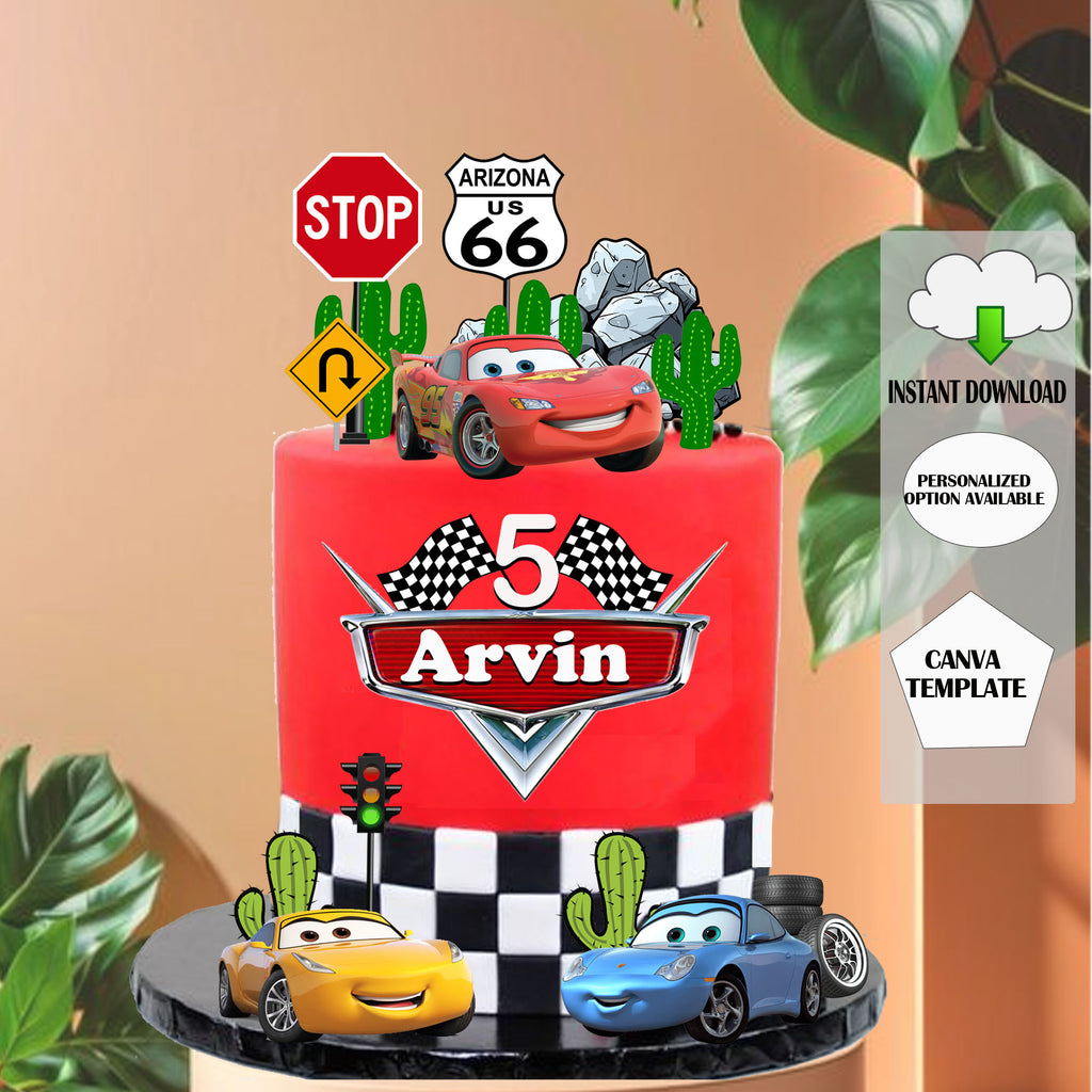 Personalized Racing Theme Cake Topper | Editable Canva Template | Fast Cars Birthday