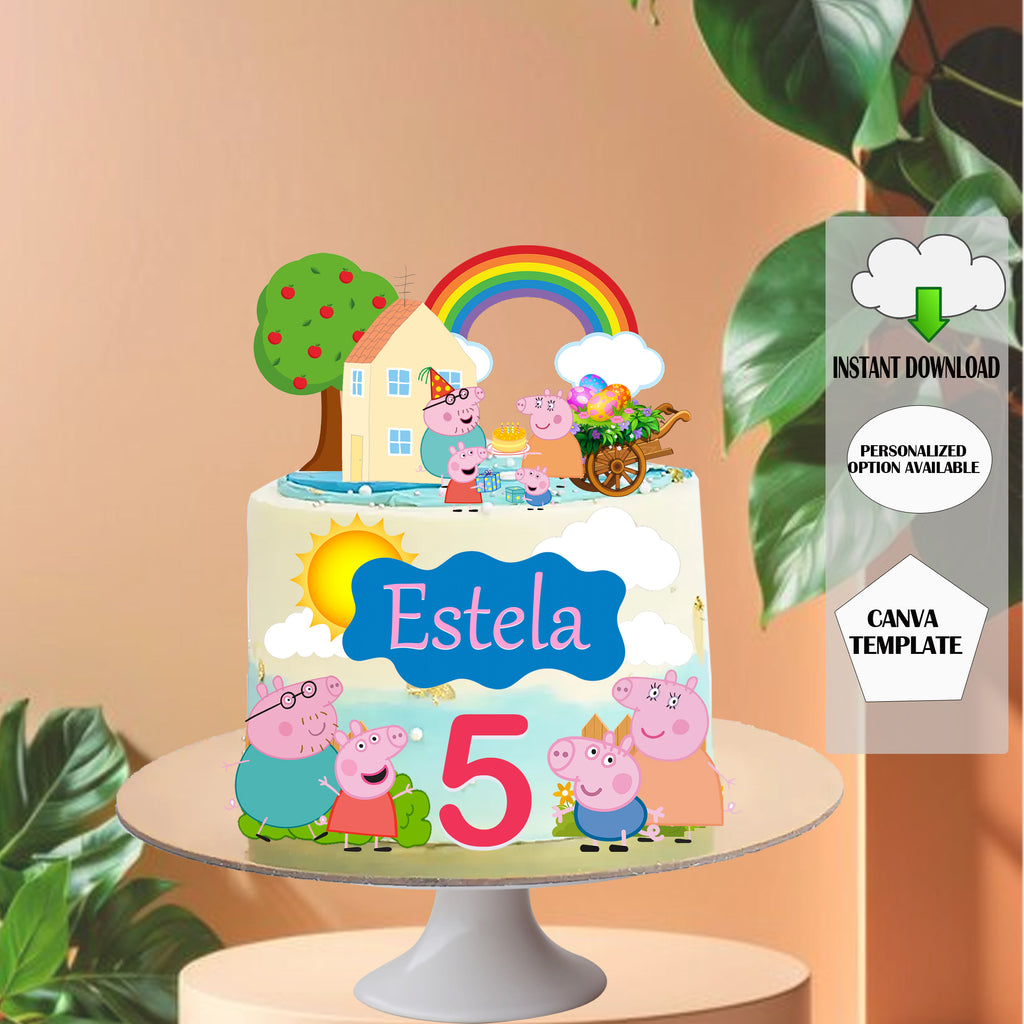 Pink Pig Cartoon Birthday Cake Topper Template (Editable Canva Design)